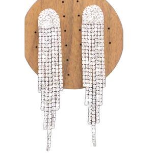 Rhinestone Fringe Statement Earrings Silver Tone Long Dangle Glam Jewelry
